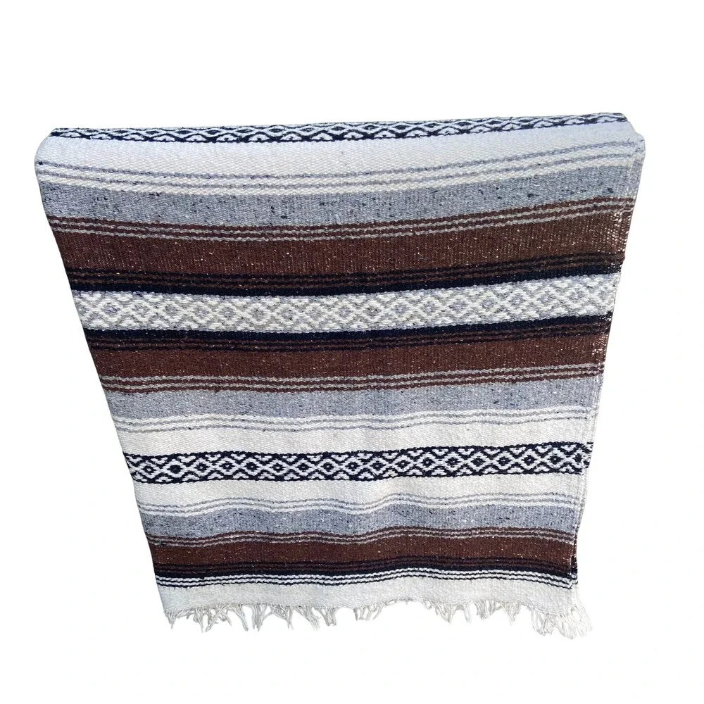 VTG Mexican Serape Blanket Brown Gray Black White Stripes 56x82 Acrylic